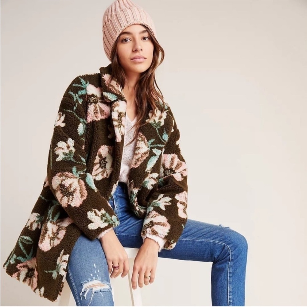 Anthropologie Floral Teddy Jacket - Brown and Pink